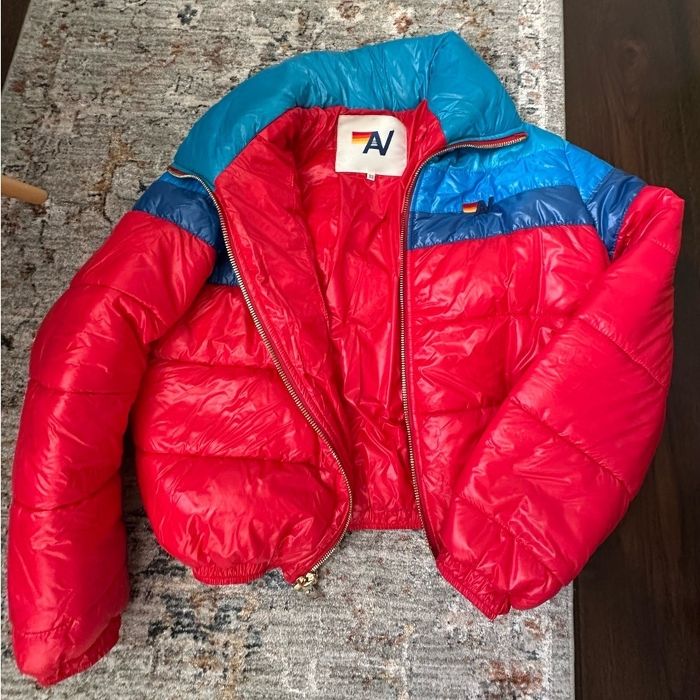 Aviator Nation Color Block Luxe Après Puffer Jacket Glossy Cherry XS Rare - Picture 8 of 16